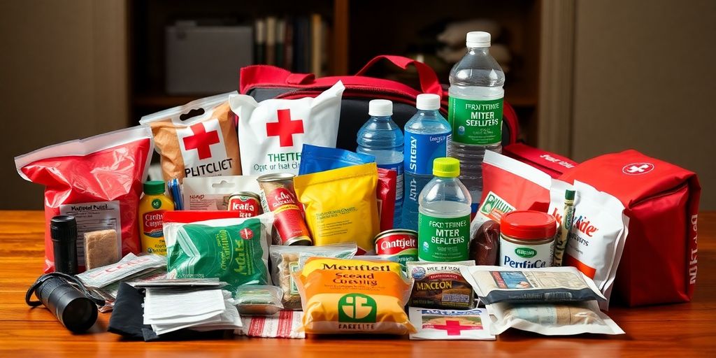 Emergency kit with supplies like flashlight and water.