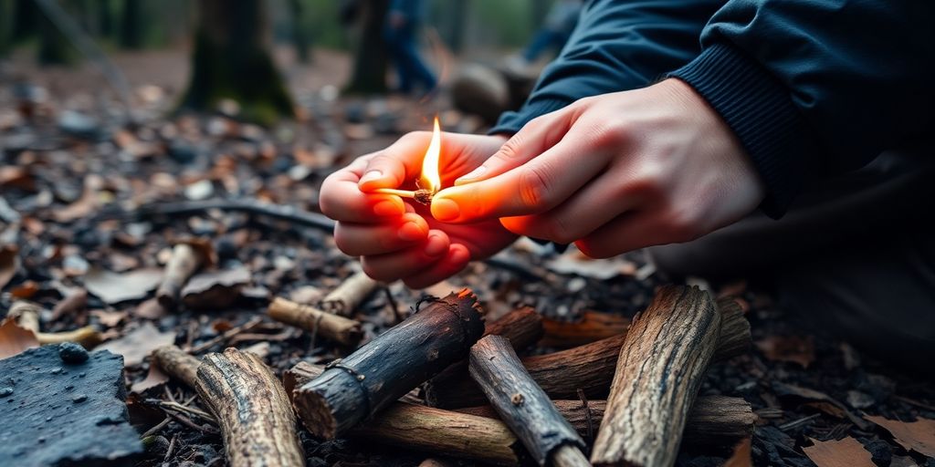 Person lighting a fire in the wilderness.