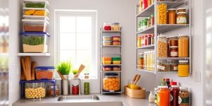 Organized kitchen with creative food storage solutions.