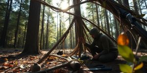 Survivalist building a natural shelter in the forest.