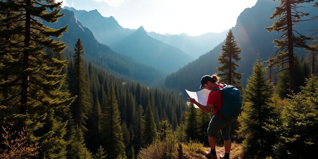 Hiker with a map in a lush forested landscape.