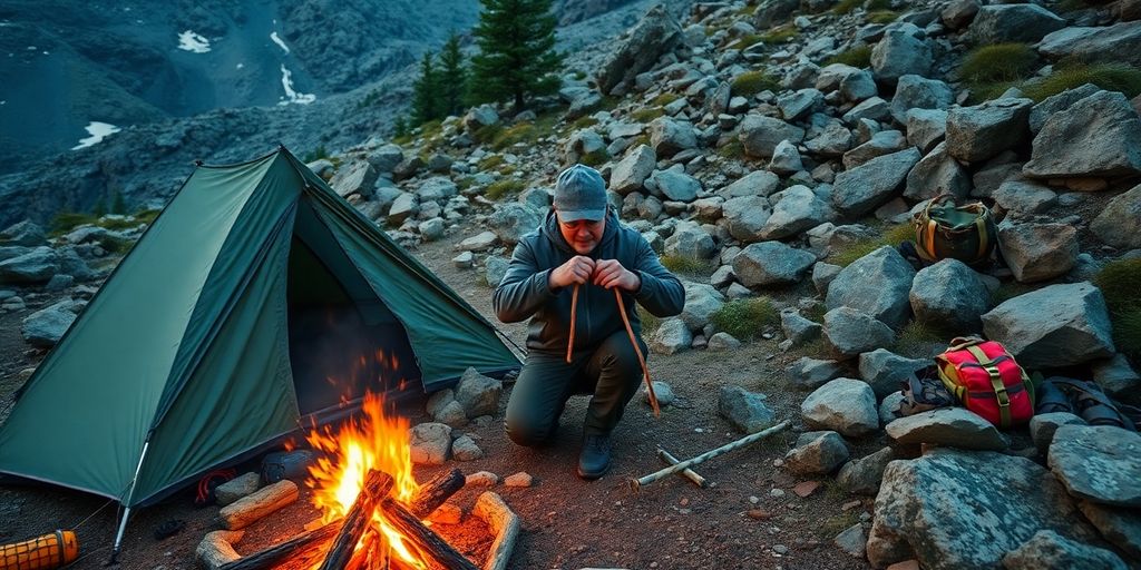 Person tying a knot in a survival situation outdoors.