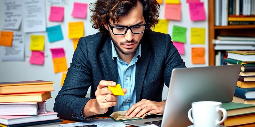 Person brainstorming with sticky notes and laptop in workspace.