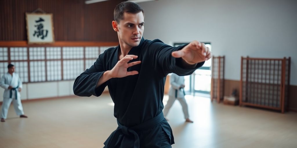 Person practicing self-defense techniques in a dojo.