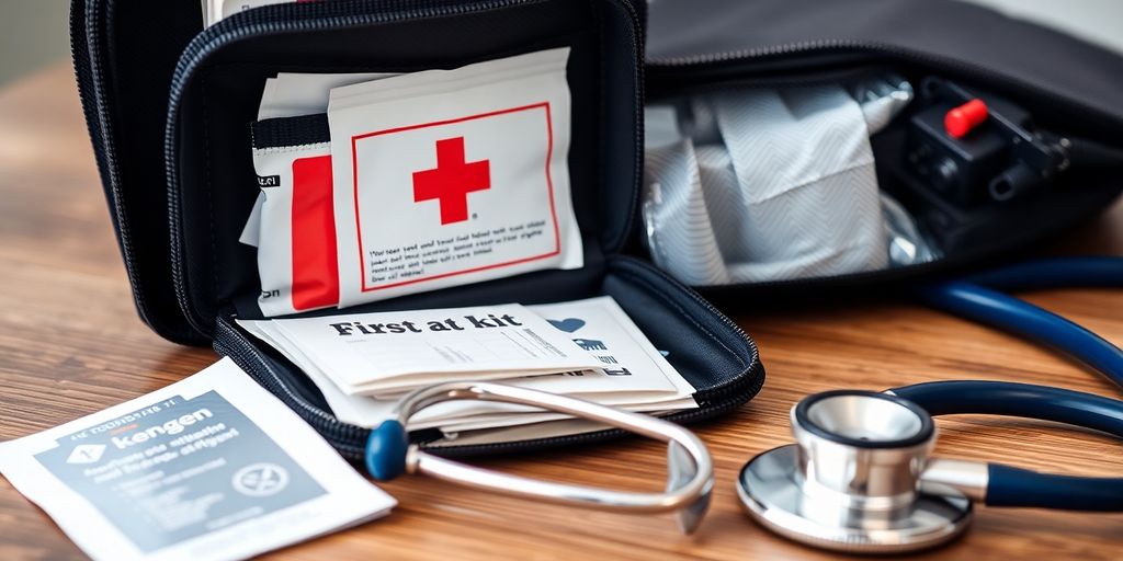 First aid kit with supplies on a wooden surface.