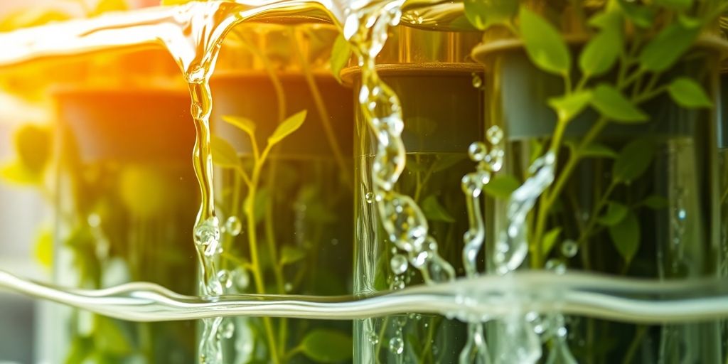 Water filter with flowing water and green plants around it.